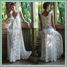 White Long Sleeveless Bohemian V Neck Floral Lace Casual Beach Dress Lounger