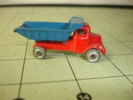 Old Vtg Collectible Diecast Construction Red Blue Dump Truck Toy Grey Wheels - £20.25 GBP