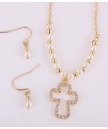 Kids Girl&#39;s gold tone pearl cross necklace set Flower girl First Communion - £11.65 GBP