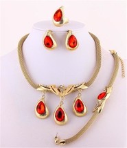 Regal Mesh gold plated 4 piece necklace set red teardrop crystals bridal formal - £23.62 GBP