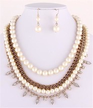 Stunning layered ivory pearl gold clear crystal necklace set bride prom ... - $24.74
