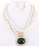 White pearl layered necklace set Green crysral pendant prom mother of th... - $15.08 CAD