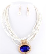 White pearl layered necklace set blue crysral pendant bridal evening jew... - $21.94 CAD