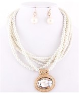 White pearl layered necklace set clear crysral pendant bridal evening je... - $21.94 CAD