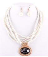 White pearl layered necklace set gray smokey crysral pendant mother of t... - $21.94 CAD