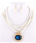 White pearl layered necklace set teal blue crysral pendant mother of the... - $21.94 CAD