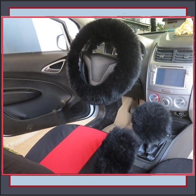 Thick Black Genuine Wool Lambskin Fur Steering Wheel Hand Brake Gear Shift Cover