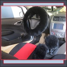 Thick Black Genuine Wool Lambskin Fur Steering Wheel Hand Brake Gear Shift Cover - £66.30 GBP