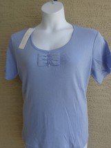  Being Casual L Ribbed Cotton Blend Knit S/S Embellished Scoop Neck Top Lt Blue - £8.91 GBP