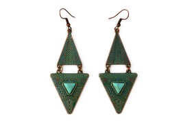 Aztec Triangle Earrings, Tribal Geometric Earrings, Verdigris Patina - £11.79 GBP