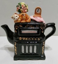 Vintage Hand Painted Ceramic Teapot Cat Resting on Heater 5.5x5 Home Decor - £18.11 GBP