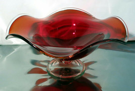 Vintage Wine Red 9.5&quot; Blown Swirl Art Murano Style Glass Tulip Shaped Fruit Bowl - £14.50 GBP