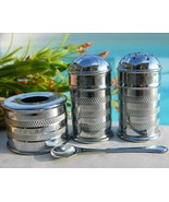 Vintage Salt Pepper Shakers Mustard Pot Spoon Set Silver Tone England - £15.91 GBP