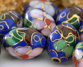 Vintage 10 Cloisonne Beads Oval Chinese Cobalt Blue Flowers Blossoms - £19.73 GBP