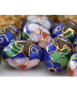 Vintage 10 Cloisonne Beads Oval Chinese Cobalt Blue Flowers Blossoms - £20.00 GBP
