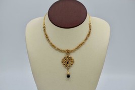 Solid 22K Yellow Gold Filigree Design Rose Cut Diamond &amp; Black Stone Necklace - £2,641.77 GBP