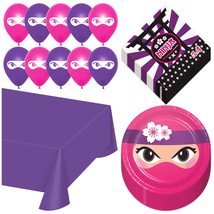 Pink Ninja Party Pack - Pink and Purple Ninja Girl Paper Dessert Plates, Napkins - £19.69 GBP