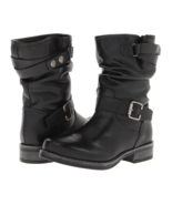 ERIC MICHAEL Sz 39 Laguna Mid Calf Black Leather Boots Moto Pull On - €98,77 EUR