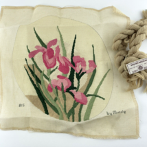 Pink Iris Flower Cross Stitch Partially Finished with Yarn 15.5 x 15.5 - $19.26