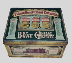 Public Benefit Boot Company Green &amp; Gold Advertising Tin Made in England - £15.71 GBP