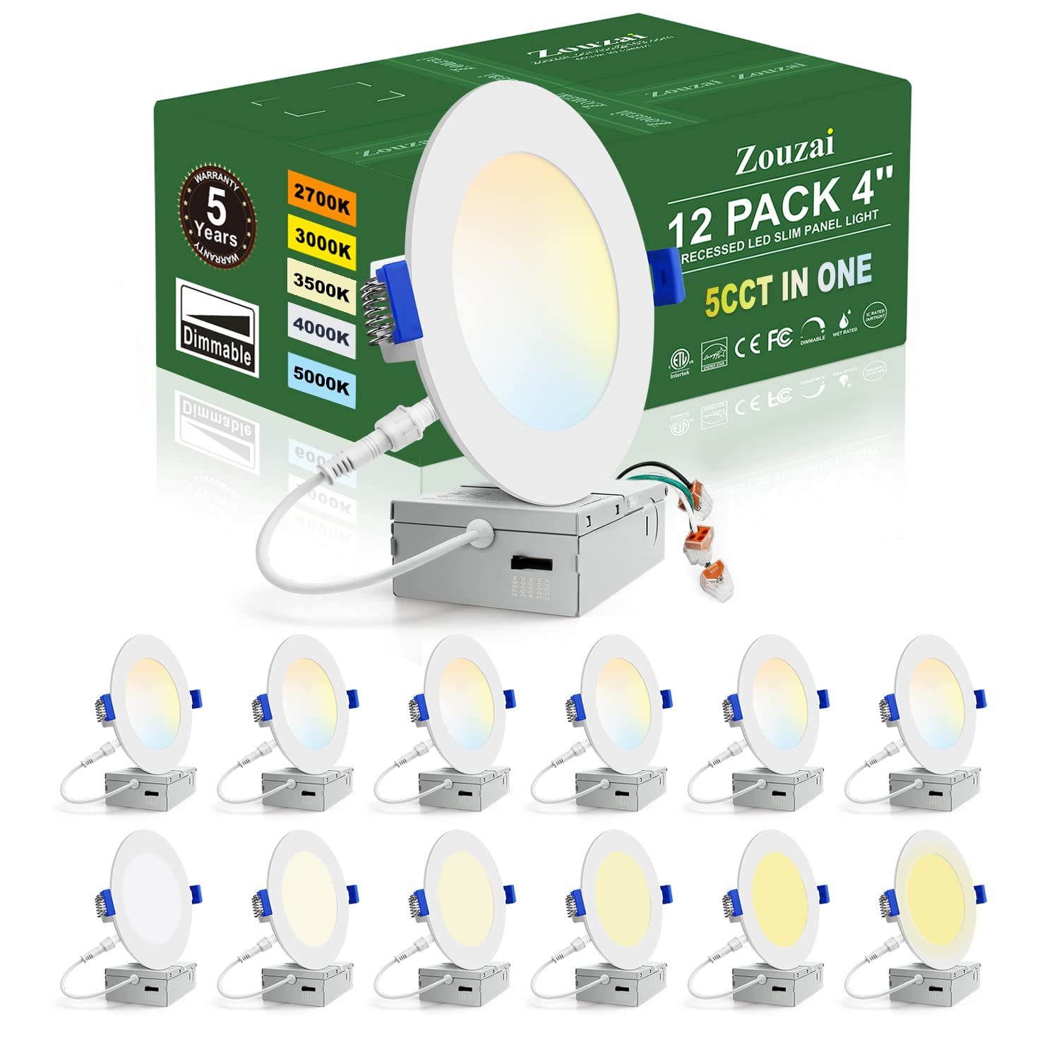 12 Pack 4 Inch 5Cct Ultra-Thin Led Recessed Ceiling Light With Junction Box, 270
