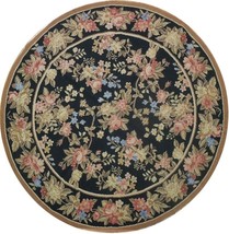 Round Black 5&#39; X 5&#39; New Needlepoint Flat Weave Rug English Garden - £196.41 GBP