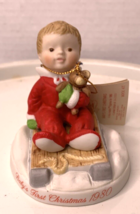 Holly Hobbie Baby&#39;s First Christmas Figurine Baby On Sled Limited Edition 1980 - £6.41 GBP