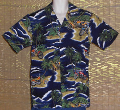 RJC Hawaiian Shirt Blue White Palms Motorcycles Flowers Beaches Size Small - £17.14 GBP