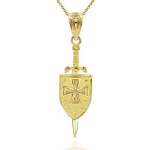 10K Solid Yellow Gold Saint Michael Sword and Shield 3D Pendant Necklace - £114.98 GBP+