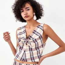 $40 nwt ZARA trf  boxy tank Small ivory+pink plaid side zip v-neck tie front NEW - £5.17 GBP