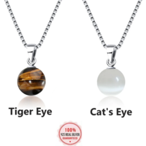 Authentic 925 Sterling Silver Tiger/Cat&#39;s Eye Polished Stone Pendant Necklace - £16.39 GBP