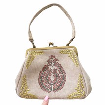 Iyura Tan Gold Embroidered Baroque Leaf Pattern Mini Fabric Frame Bag NWOT - $26.18
