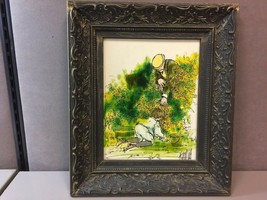 Vintage Mixed Media Painting of Man &amp; Boy Picking Raspberries by Hardt Ba? - £22.91 GBP