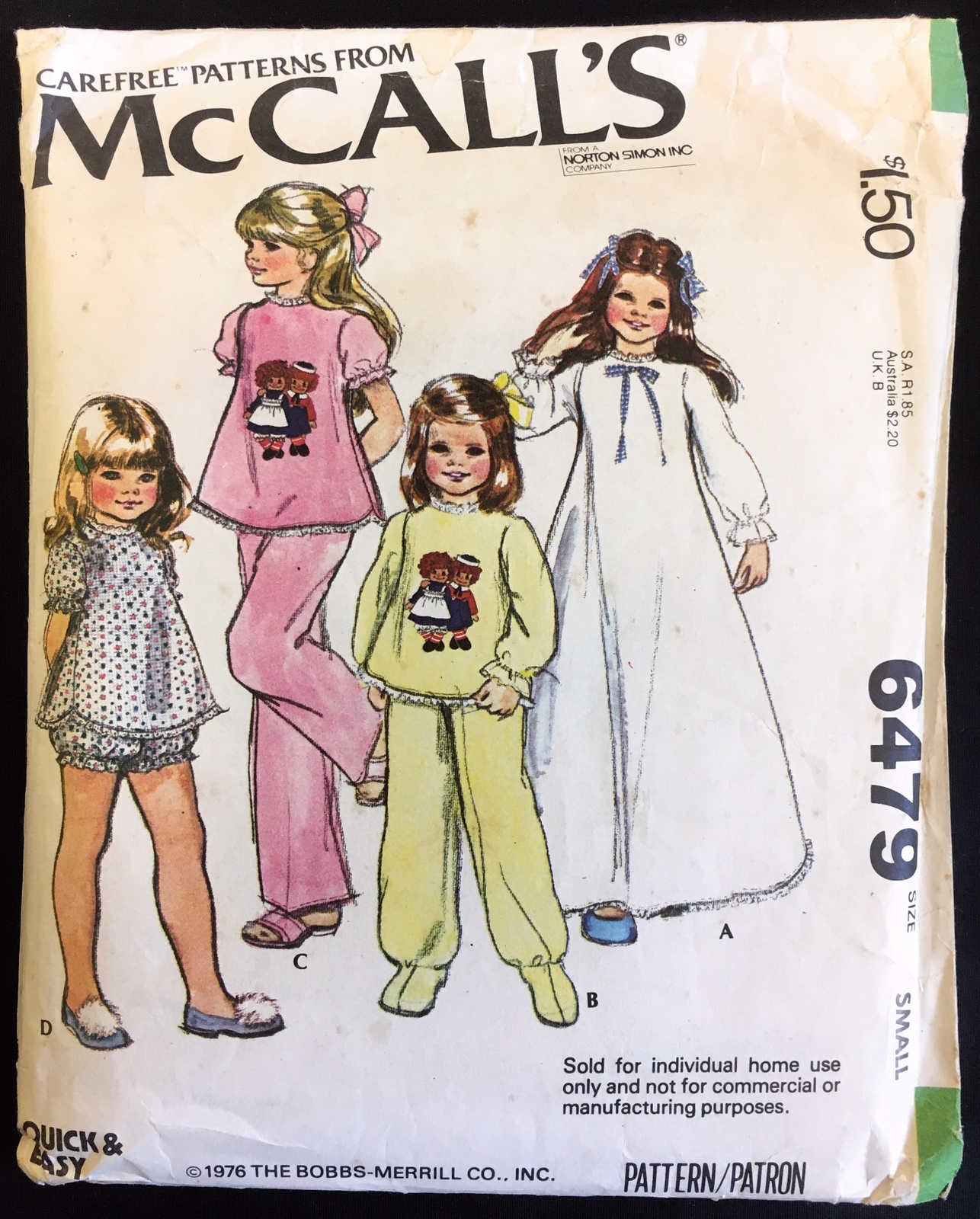 Part Cut 70s Size Small Easy Raggedy Ann Andy PJs McCalls 6479 Pattern Transfer - $6.99