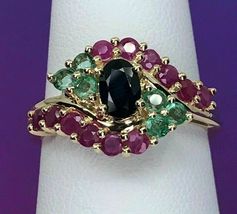 14K Yellow Gold Over Oval Blue Sapphire Emerald &amp; Ruby Wedding Ring 2.62Ct - £88.14 GBP