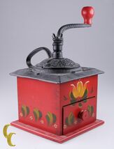 Vintage Hand Painted Wood/Cast Iron Coffee Grinder with Red Floral Design - $297.52