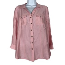 Dressbarn Roz &amp; Ali Pink Button Front Top Size Small Roll Tab Sleeves Po... - £11.33 GBP