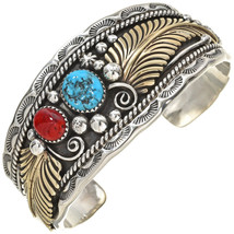 Navajo Sterling Silver Turquoise Coral 12KGF Feather Bracelet, Cuff s6.5-7 - £314.48 GBP