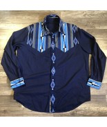 Vintage Western Brushpopper Shirt Mens 3XL Blue Aztec Pearl Snap Long Sl... - $48.00