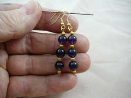 (EE-474-3) Purple amethyst crystal three bead gem dangle hook earrings gold - £15.63 GBP