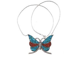 Vintage Native American Sterling turquoise/coral chip inlay butterfly necklace - £69.19 GBP