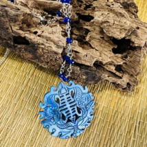 Chinese Carved Lapis Pendant Blue Swarovski Crystal Necklace Silver Tone - £16.07 GBP