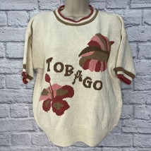 Vintage Tobago Short Sleeve Sweater Size L Beige Floral Island Travel Wo... - $29.65