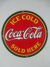 Coca-Cola Red and Green Porcelain Disc Sign Ice Cold Sold Here Retro - £22.06 GBP