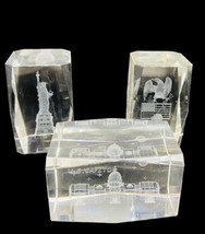 Laser Etched 3D Image, Crystal Glass Cube Paperweights 3.5&quot;x2&quot;  Lot of 3 AMERICA - £18.50 GBP