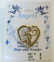 Gold Tone Cherub / Cupid / Guardian Angel Open Heart  Lapel Tack Pin 1&quot; - £4.01 GBP