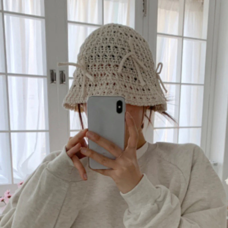 Korean Ins New Cute Bow Hollow Knitted Women&#39;s Caps Spring and Summer Sunshade - £13.68 GBP