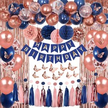 Rose Gold And Navy Blue Birthday Party Decorations For Women With Happy Birthday - £15.61 GBP