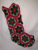 Vintage Crocheted Boho Granny Hexagon Style Christmas Stocking ~ Red Green White - £11.82 GBP