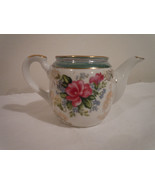 MiniTea Pot Opalescent Blue Green w Rose Motif Gold Trim &amp; Gold Roses. 4... - $6.49